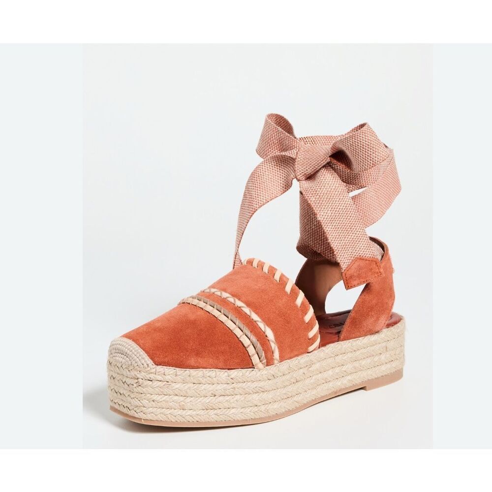 Ulla Johnson Terracotta Suede Platform Espadrille Flats with Ankle Tie